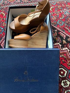 Brooks Brothers Cognac Leather Platform Wedge Sandals